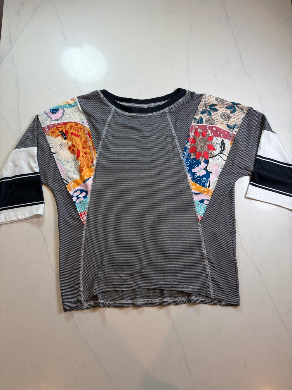 Black & white striped, Patchwork 3/4 Sleeve Top